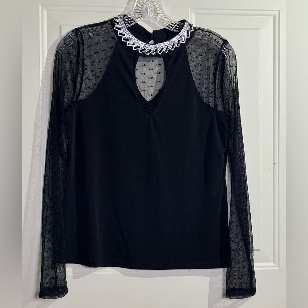 Moa Moa Rhinestone Collar Mesh Sleeve Black Blouse Size Large NWOT